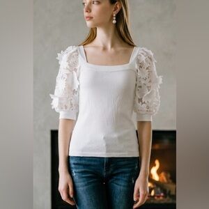 Boston Proper White Puff Lace Sleeve Blouse